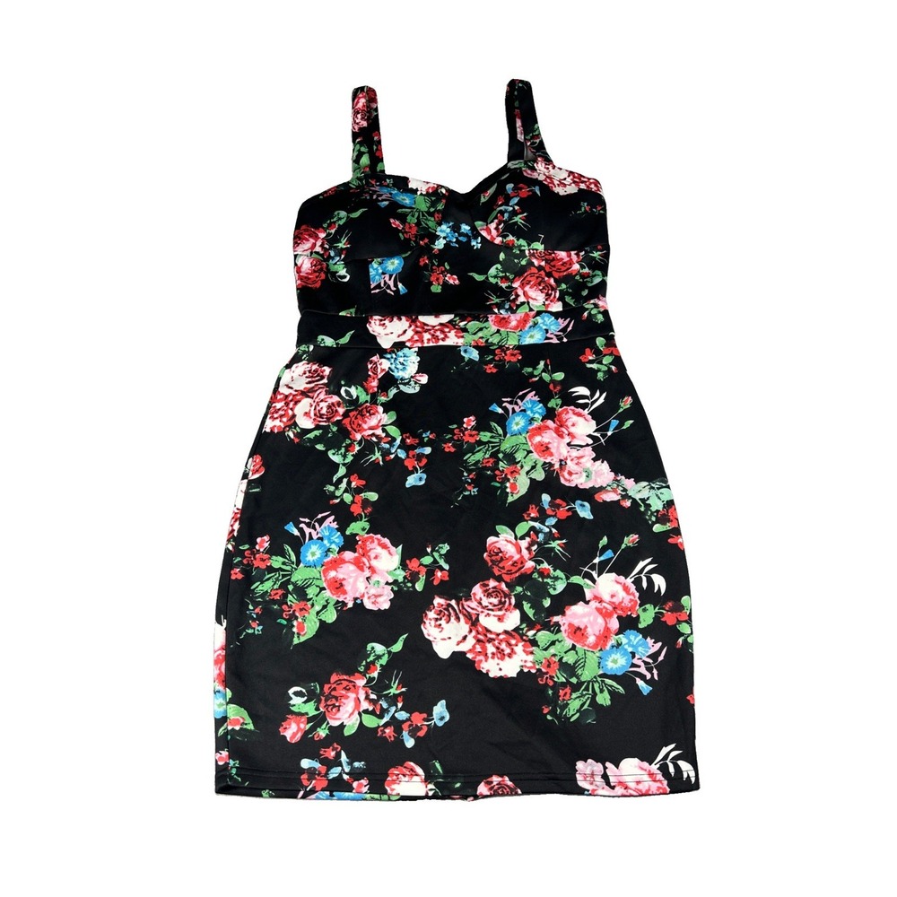 JustFab Black Floral Fit & Flare Midi Dress Womens Size L Flower Pattern